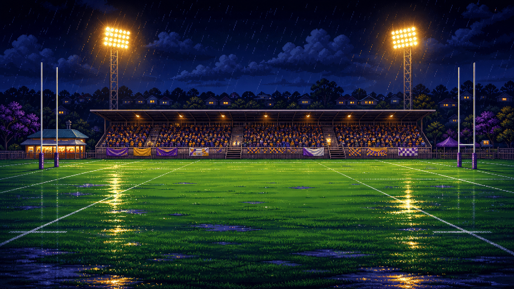 Rainy suburban rugby league ground under floodlights